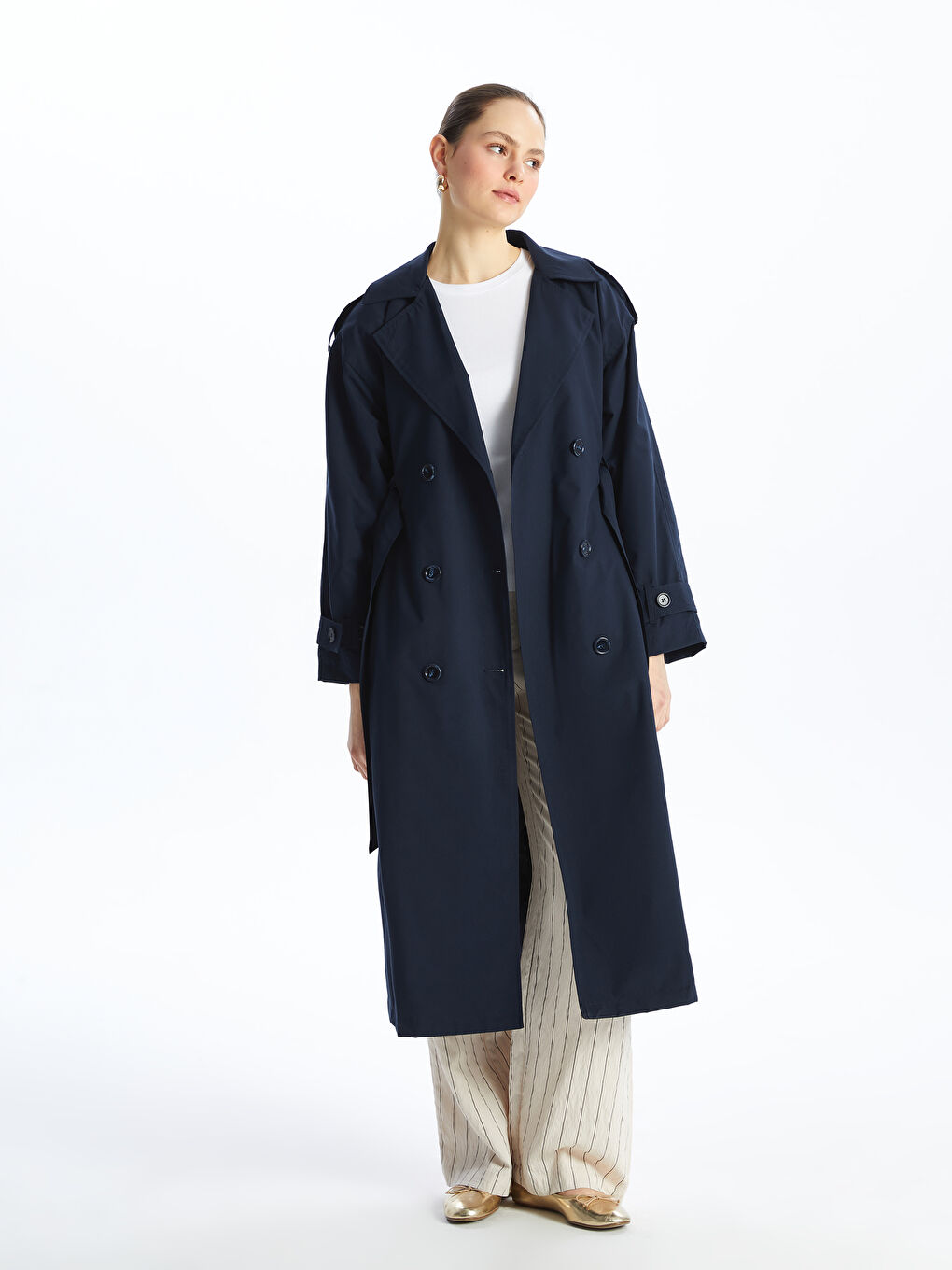 Lacivert Ceket Yaka Oversize Kadın Trençkot