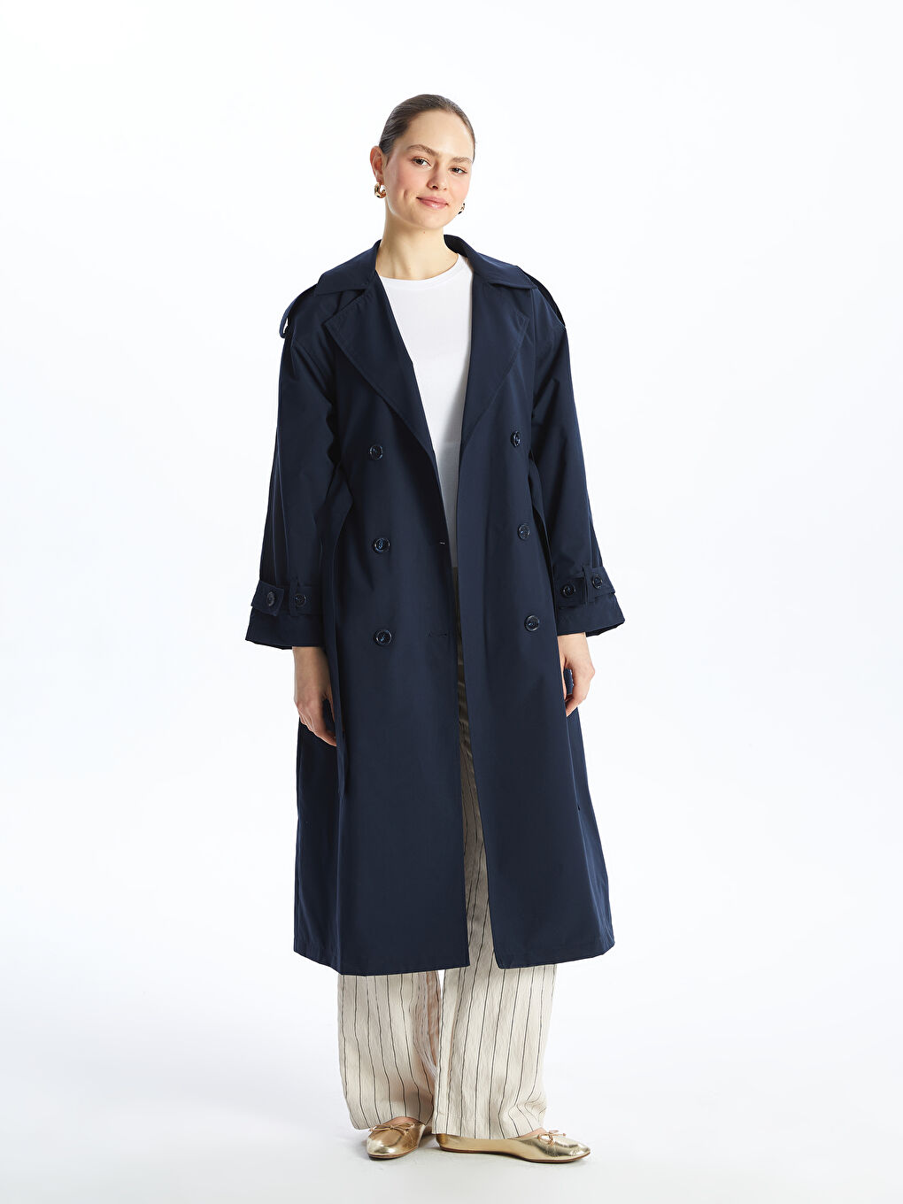 Lacivert Ceket Yaka Oversize Kadın Trençkot-1