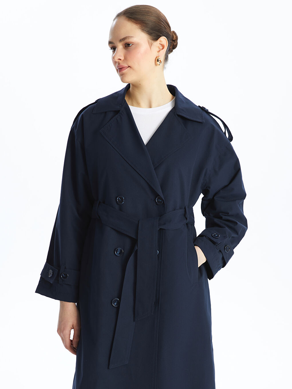 Lacivert Ceket Yaka Oversize Kadın Trençkot-2