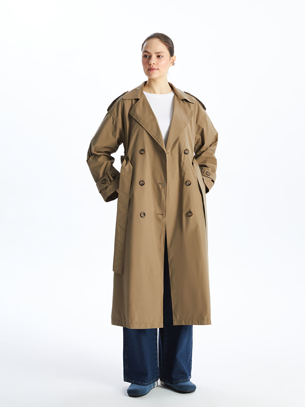 Haki Ceket Yaka Oversize Kadın Trençkot