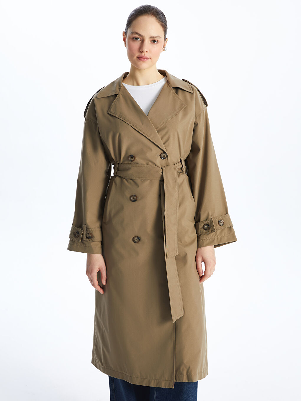 Haki Ceket Yaka Oversize Kadın Trençkot-1