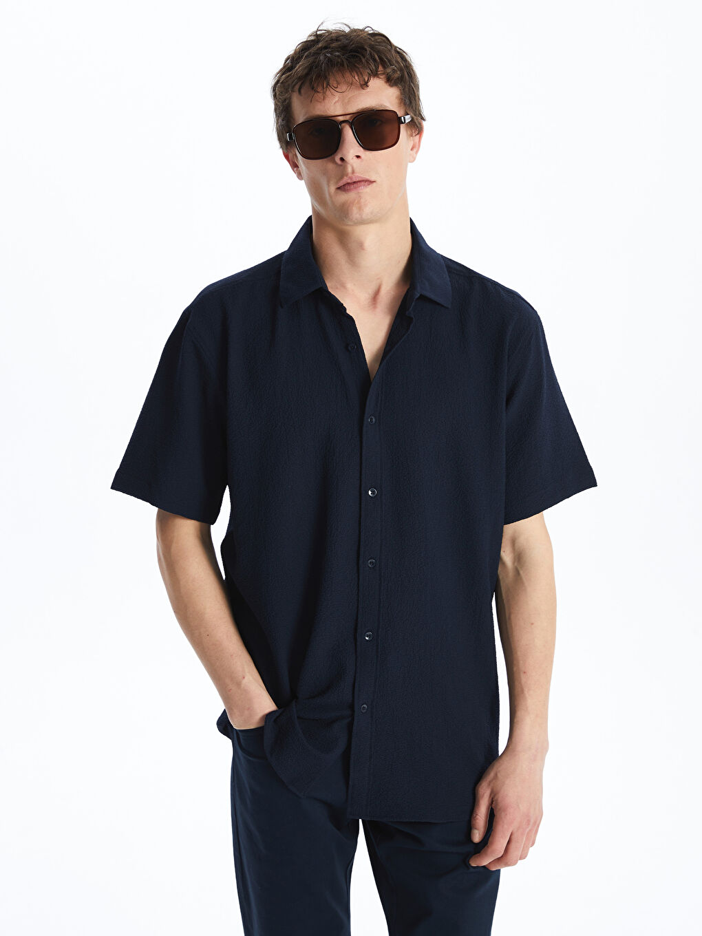 Lacivert Regular Fit Kısa Kollu Armürlü Erkek Gömlek