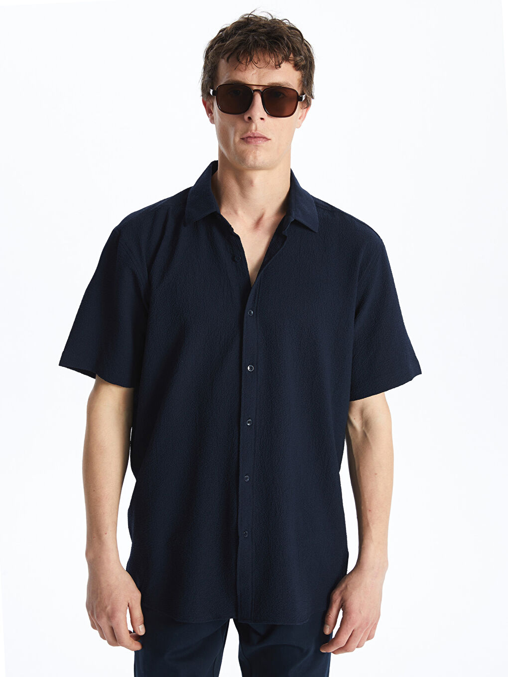 Lacivert Regular Fit Kısa Kollu Armürlü Erkek Gömlek-1