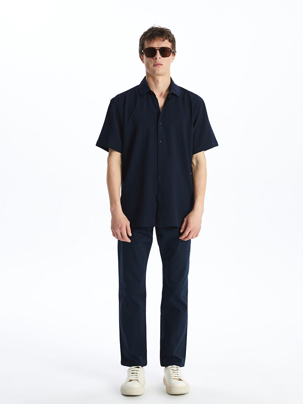 Lacivert Regular Fit Kısa Kollu Armürlü Erkek Gömlek-2