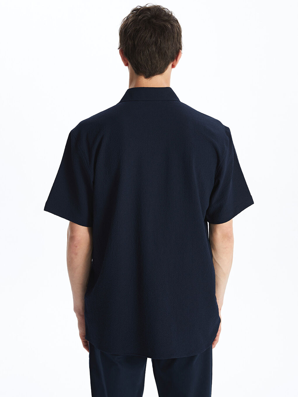 Lacivert Regular Fit Kısa Kollu Armürlü Erkek Gömlek-4