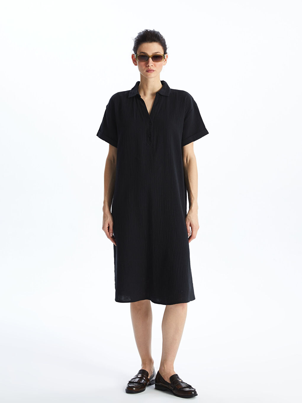 Robe Oversize pour Femmes à Col de Chemise Uni et Manches Courtes
