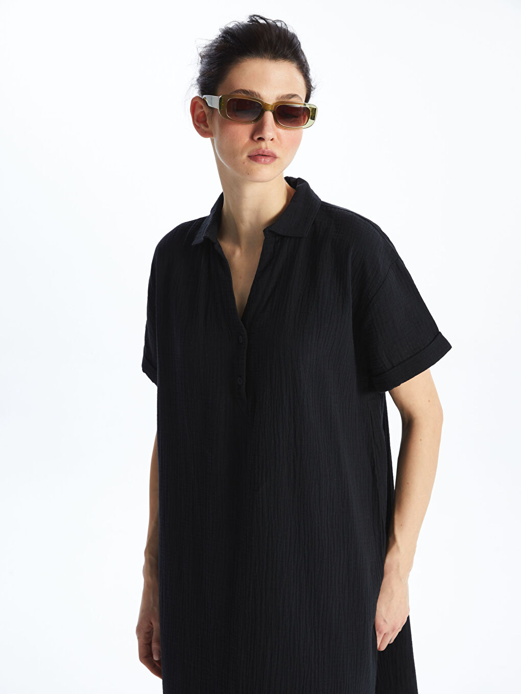 Robe Oversize pour Femmes à Col de Chemise Uni et Manches Courtes-2