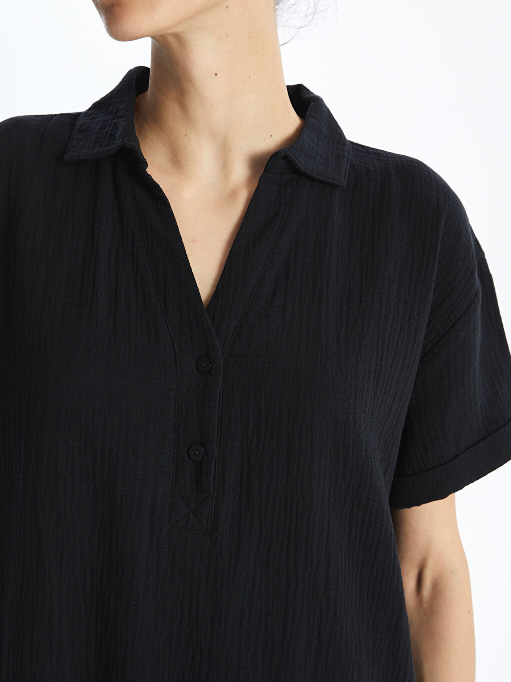 Robe Oversize pour Femmes à Col de Chemise Uni et Manches Courtes-3