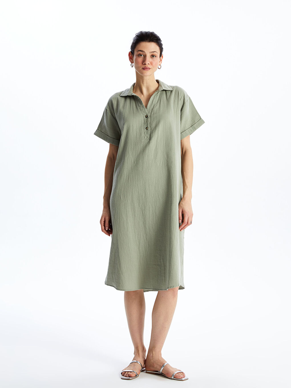 Әйелдерге арналған жағалы мойын өрнексіз қысқа жең оверсайз көйлек