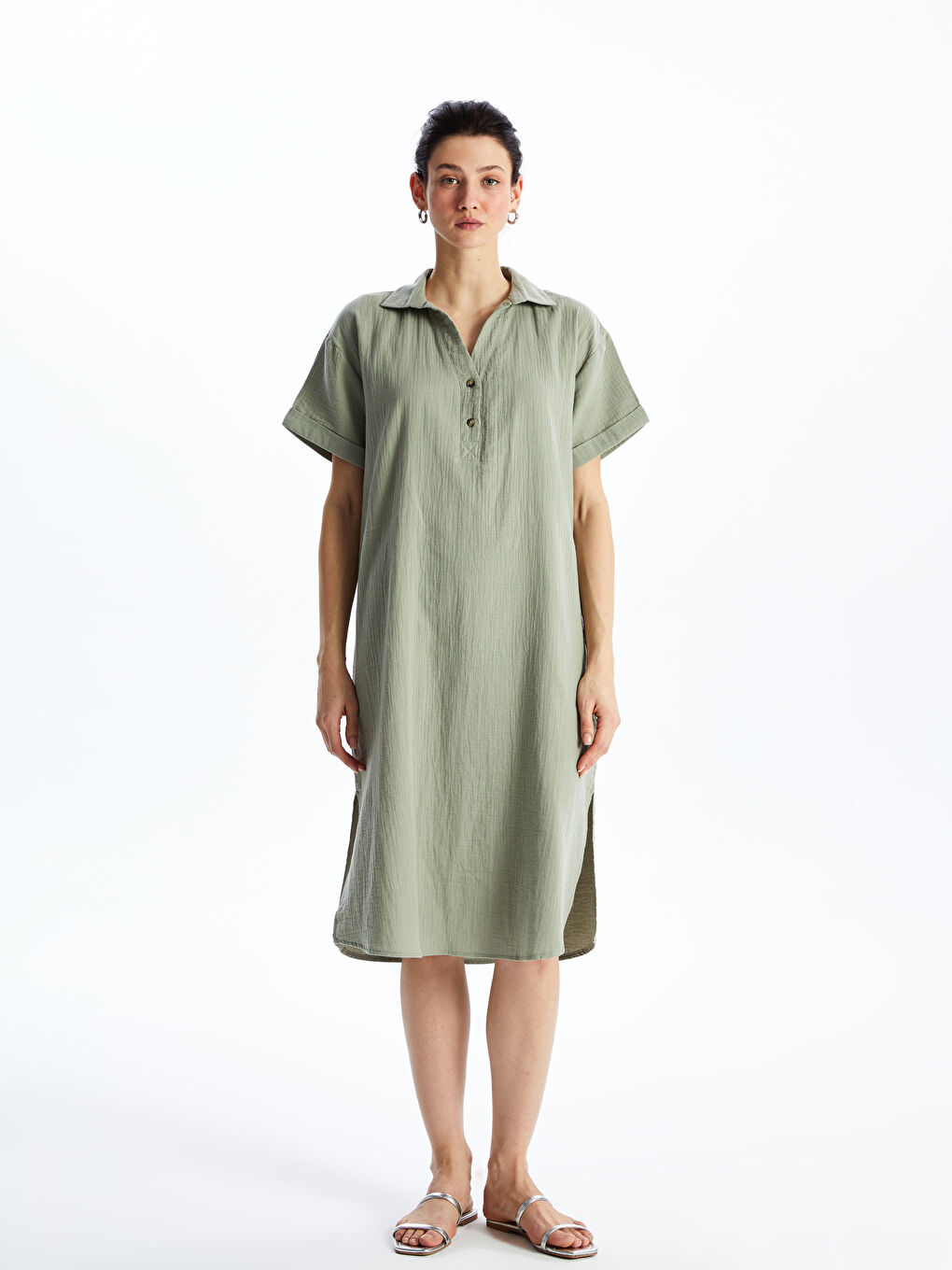 Әйелдерге арналған жағалы мойын өрнексіз қысқа жең оверсайз көйлек-1