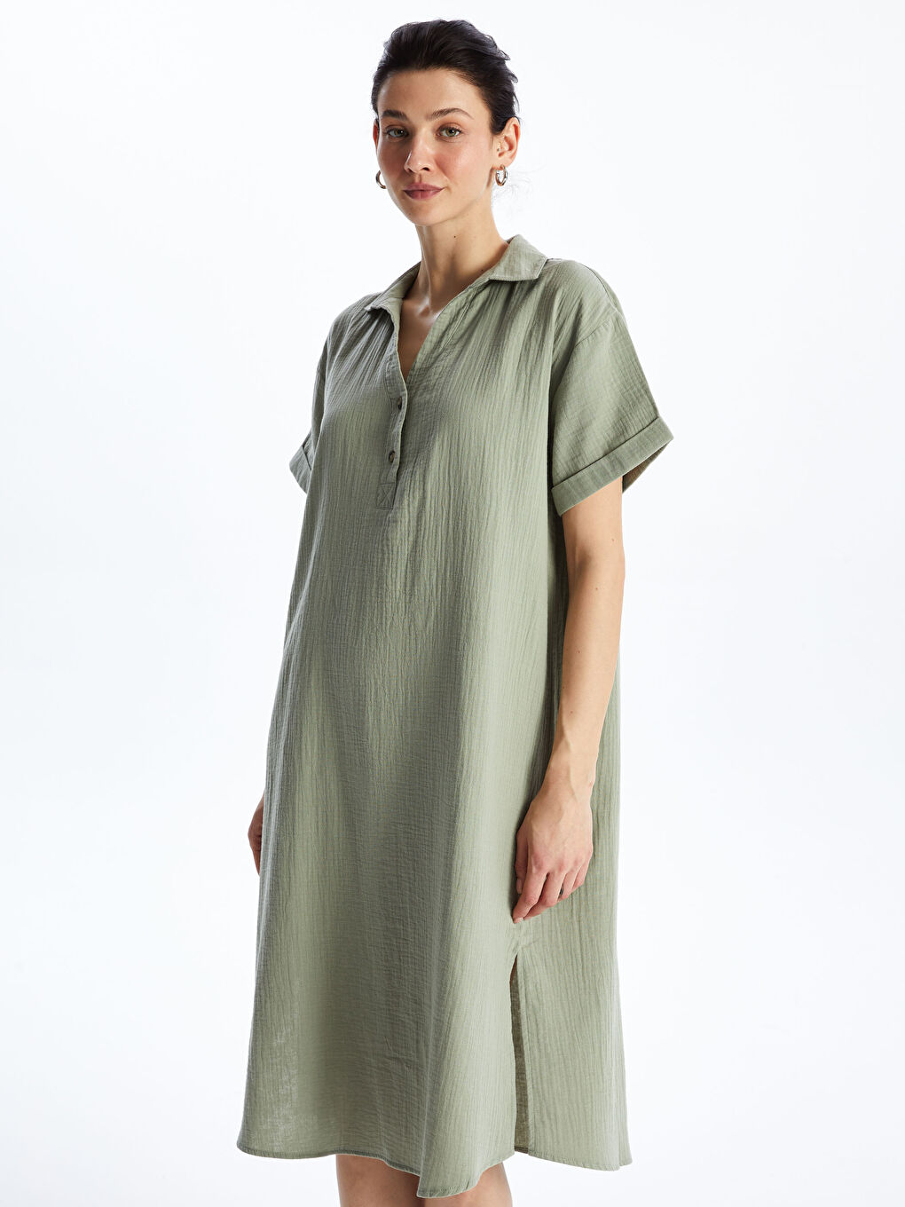 Әйелдерге арналған жағалы мойын өрнексіз қысқа жең оверсайз көйлек-2