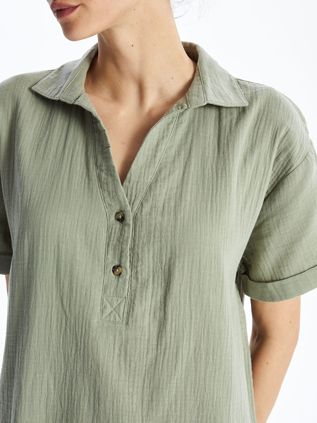 Әйелдерге арналған жағалы мойын өрнексіз қысқа жең оверсайз көйлек-3