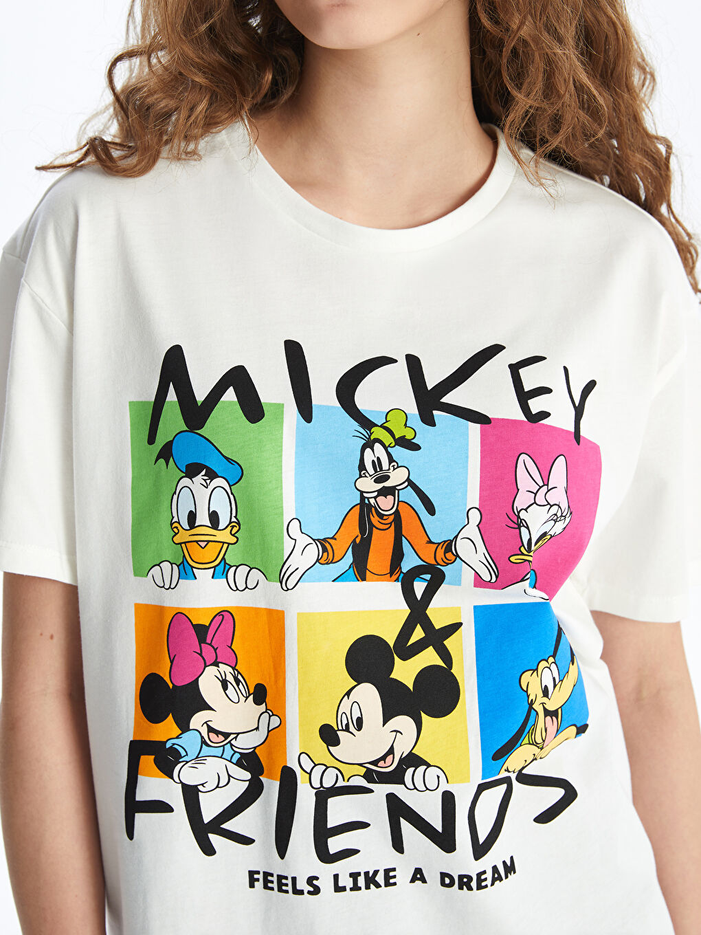 XSIDE Ekru Bisiklet Yaka Mickey ve Arkadaşları Baskılı Kısa Kollu Kadın Tişört - 3