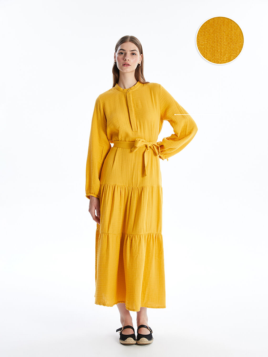LC Waikiki Women's Grandad Collar Plain Long Sleeve Long Dress -S4HM68Z8-RRQ