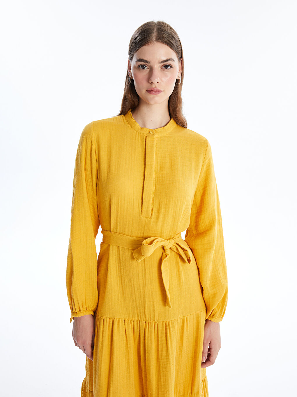 LC Waikiki Women's Grandad Collar Plain Long Sleeve Long Dress -S4HM68Z8-RRQ