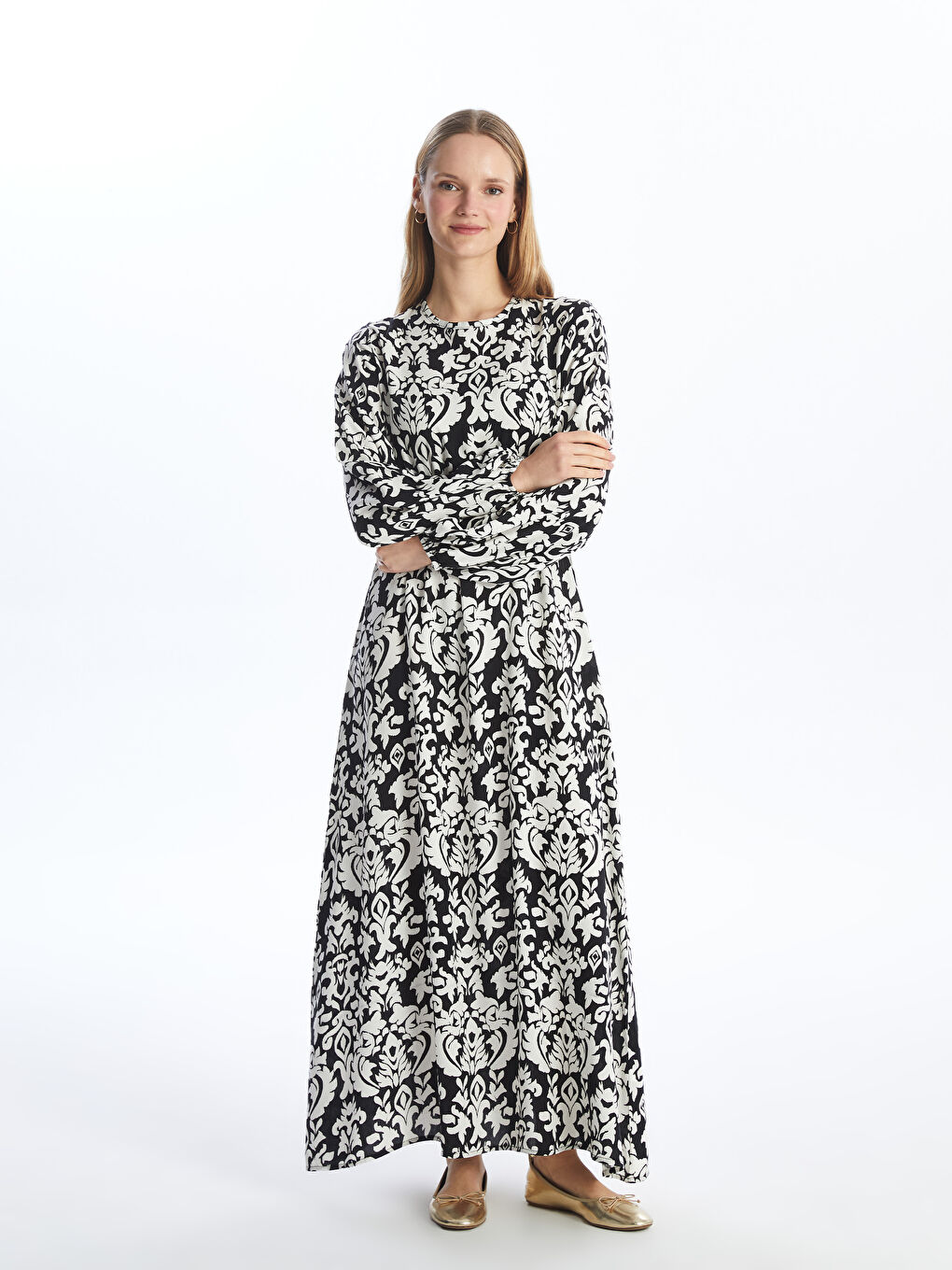 Crew Neck Patterned Long Sleeve Women's Dress