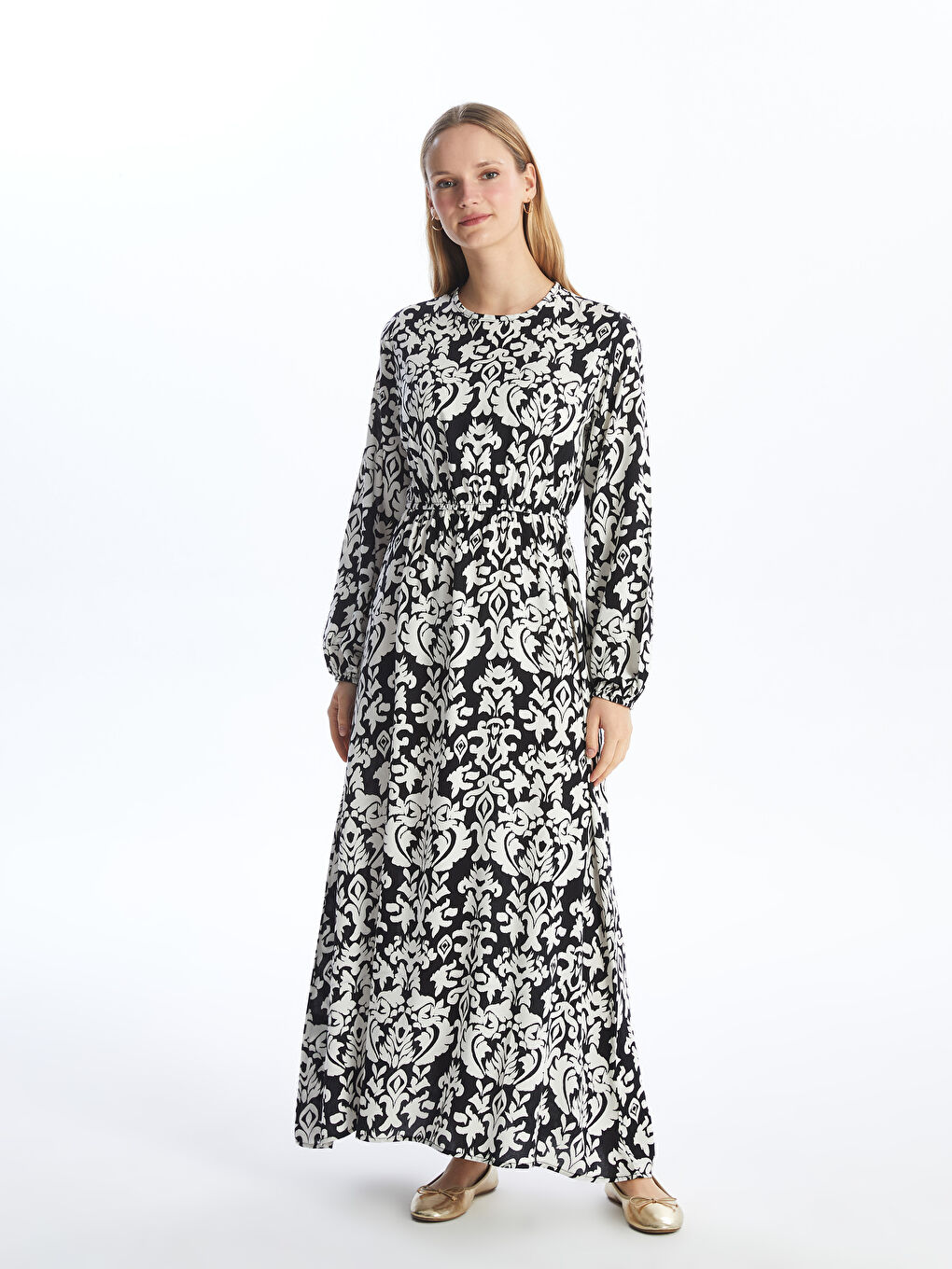 Crew Neck Patterned Long Sleeve Women's Dress-1