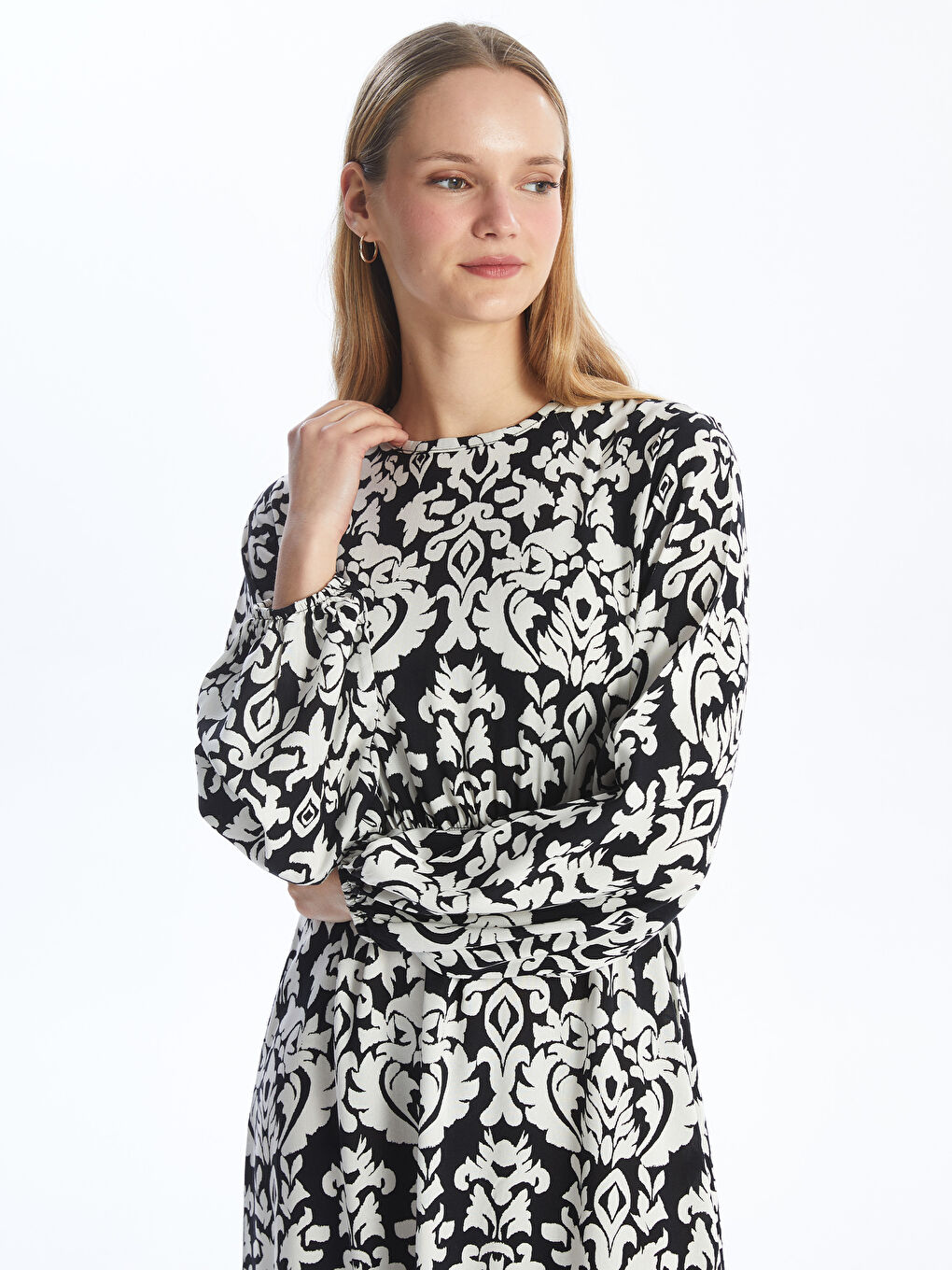 Crew Neck Patterned Long Sleeve Women's Dress-2