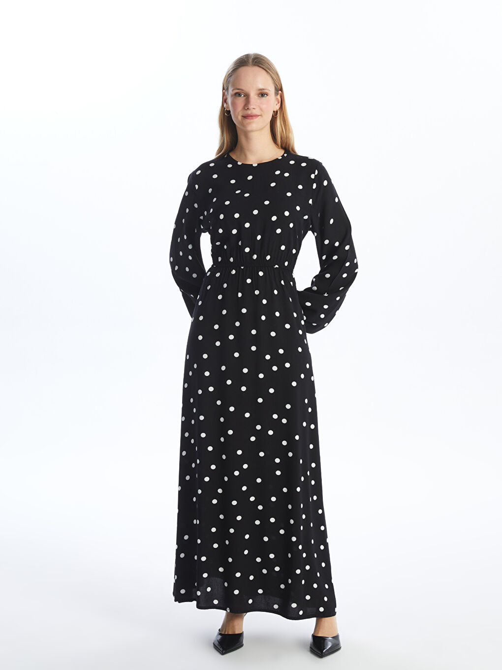 Crew Neck Polka Dot Long Sleeve Women's Dress