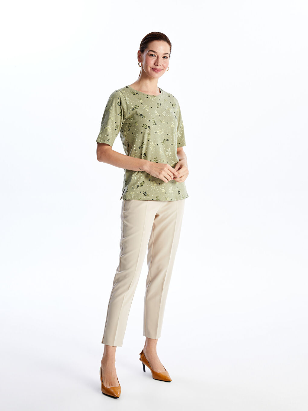 Crew Neck Patterned Short Sleeve Women's T-Shirt -S4HN33Z8-LRK