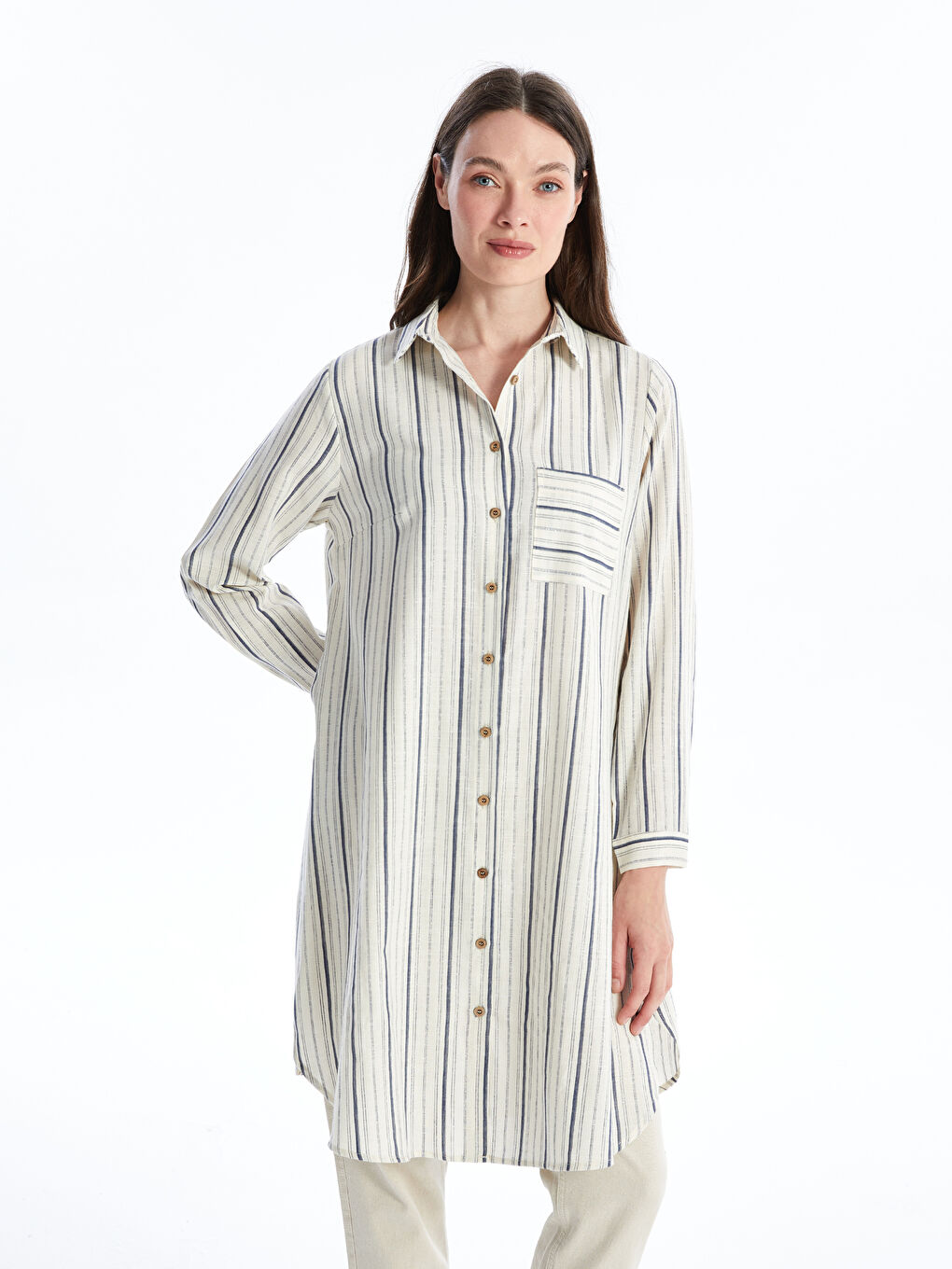 İndigo Çizgili Uzun Kollu Kadın Gömlek Tunik-1