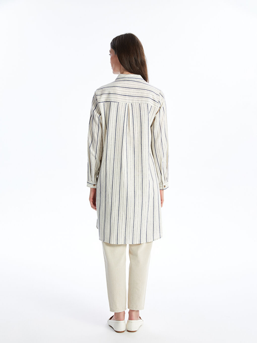 İndigo Çizgili Uzun Kollu Kadın Gömlek Tunik-3