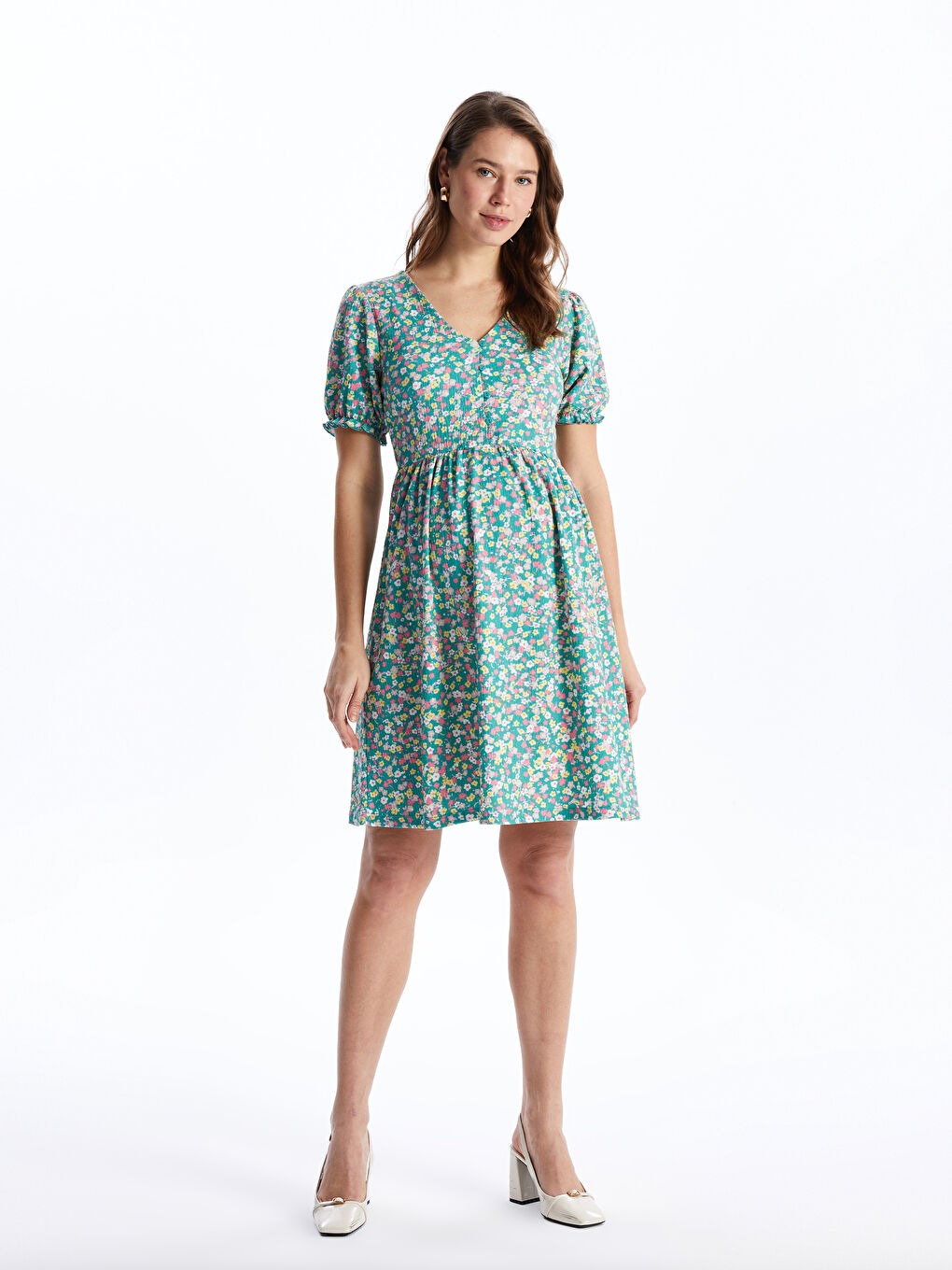V Neck Floral Short Sleeve Crinkled Maternity Dress -S4HO57Z8-LQQ
