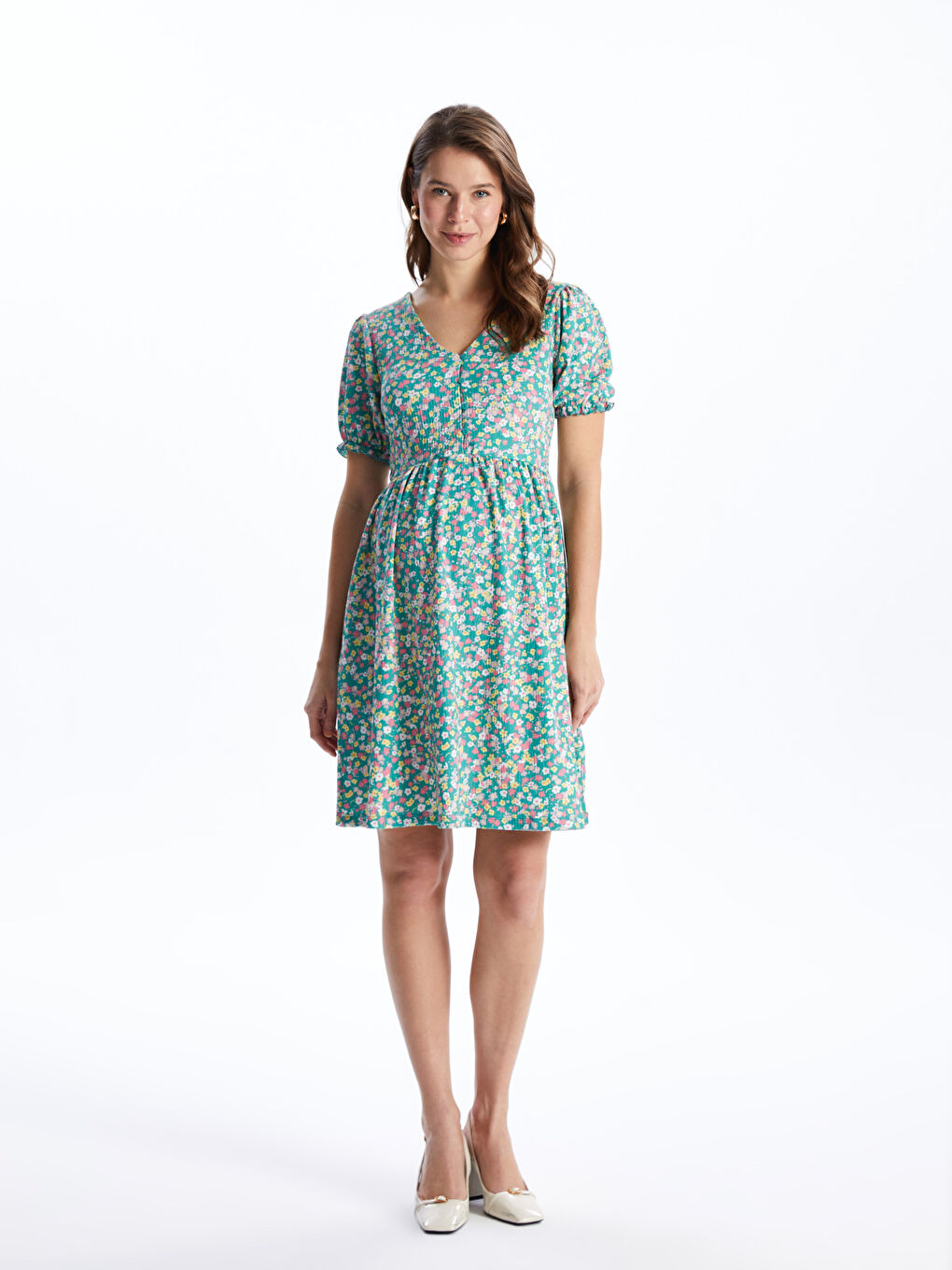 V Neck Floral Short Sleeve Crinkled Maternity Dress -S4HO57Z8-LQQ