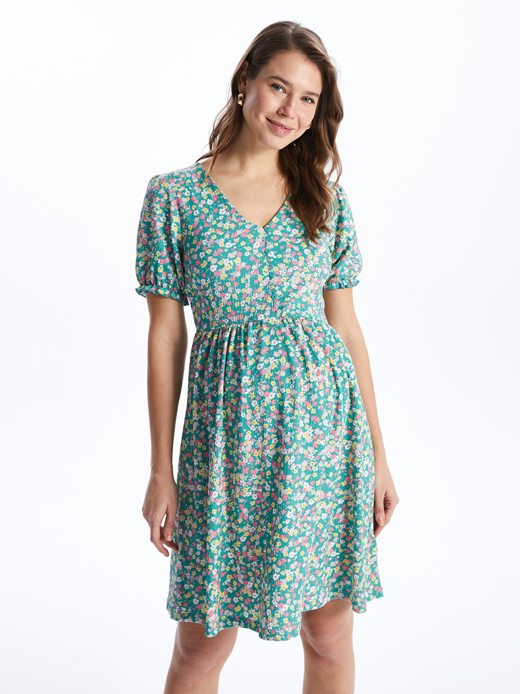 V Neck Floral Short Sleeve Crinkled Maternity Dress -S4HO57Z8-LQQ