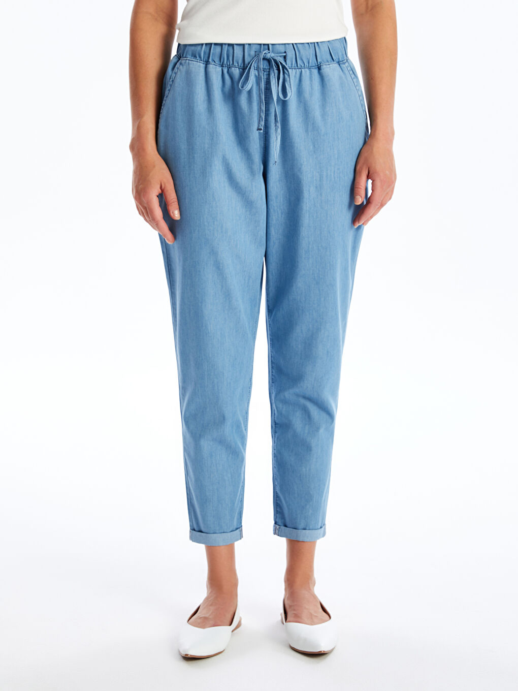 Jean à Taille Élastiquée Coupe Droite pour Femmes-2