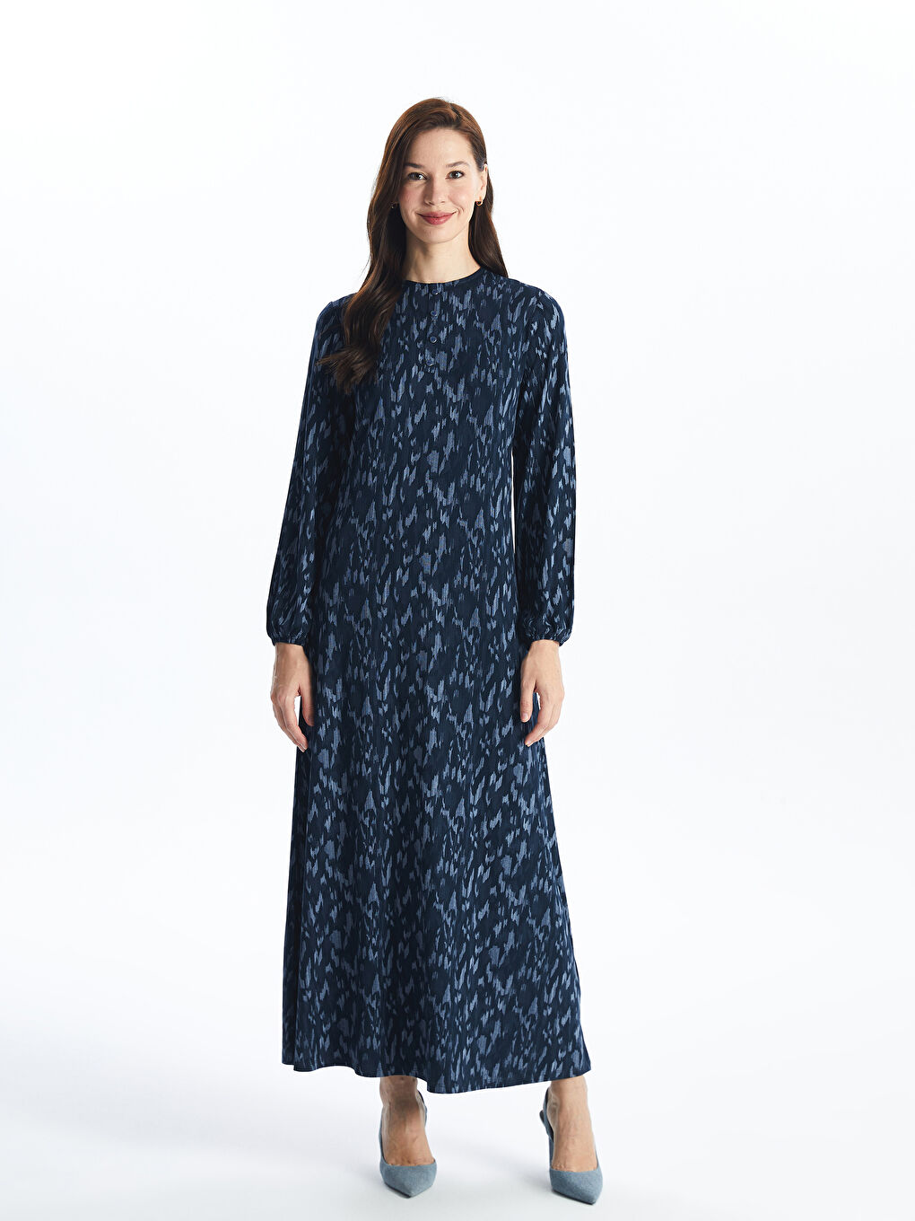 Lacivert Bisiklet Yaka Desenli Uzun Kollu Kadın Elbise