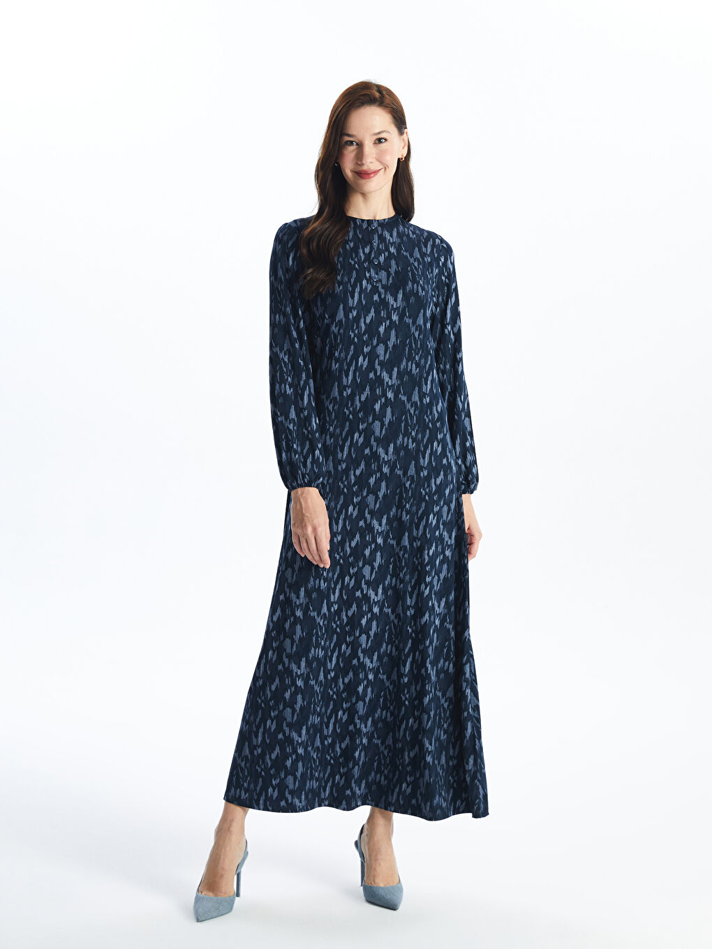 Lacivert Bisiklet Yaka Desenli Uzun Kollu Kadın Elbise-1