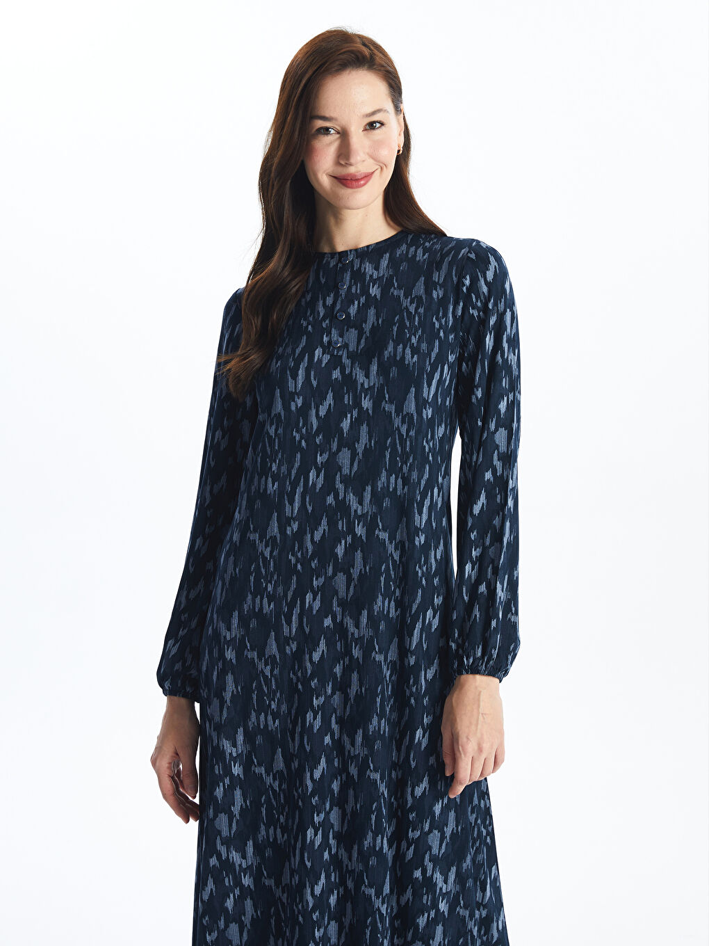 Lacivert Bisiklet Yaka Desenli Uzun Kollu Kadın Elbise-2