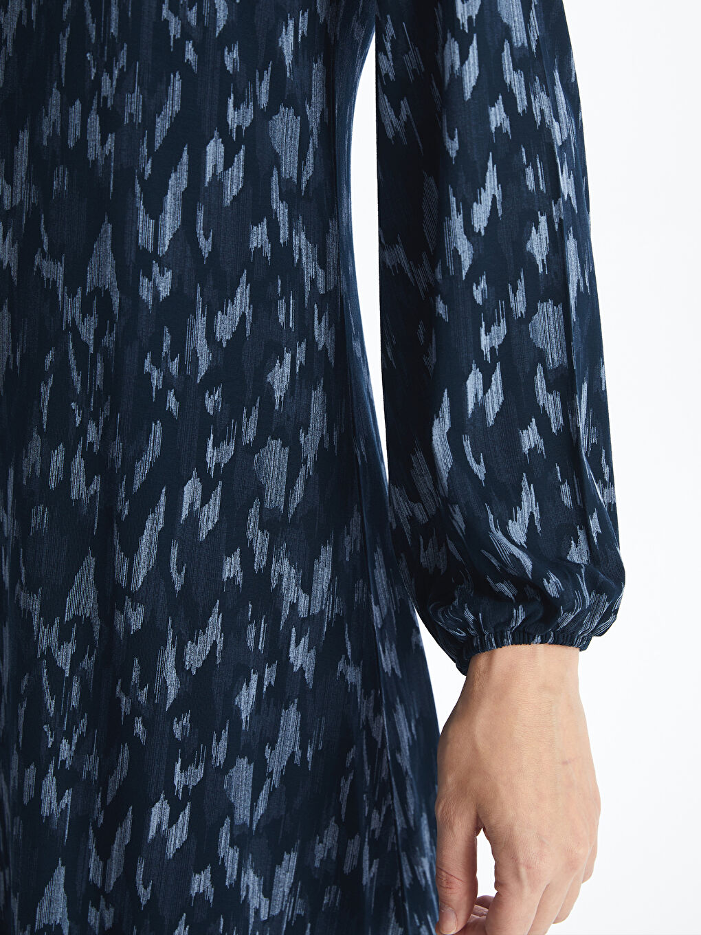 Lacivert Bisiklet Yaka Desenli Uzun Kollu Kadın Elbise-3