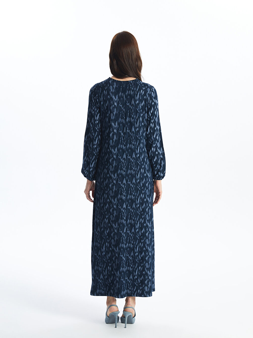 Lacivert Bisiklet Yaka Desenli Uzun Kollu Kadın Elbise-4