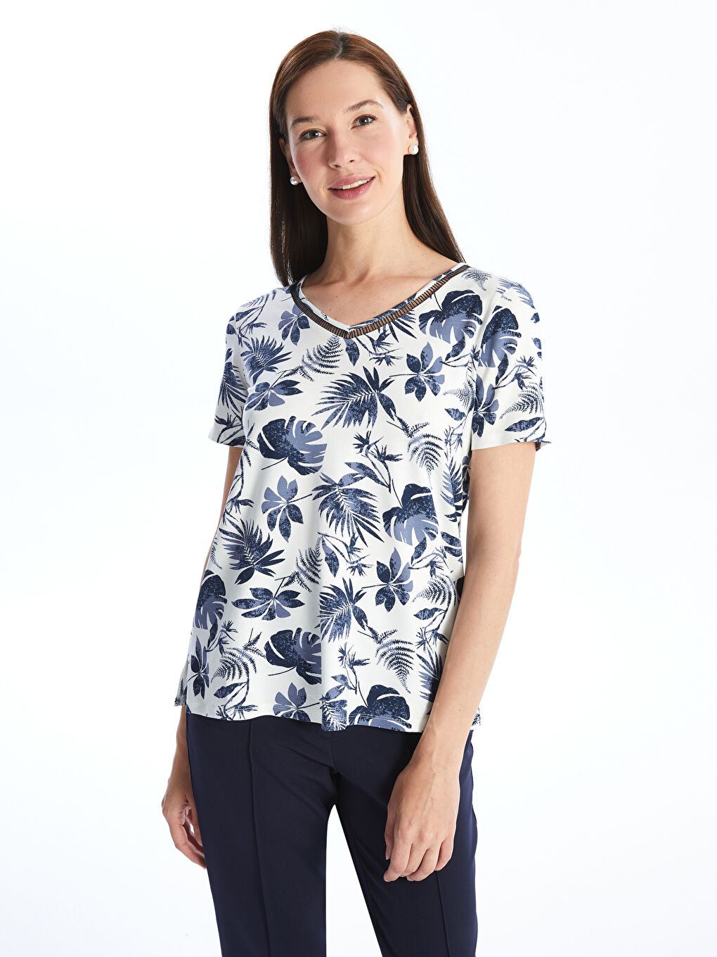LCW Grace V-Neck Patterned Short Sleeve Women's Blouse -S4HQ14Z8-LRA