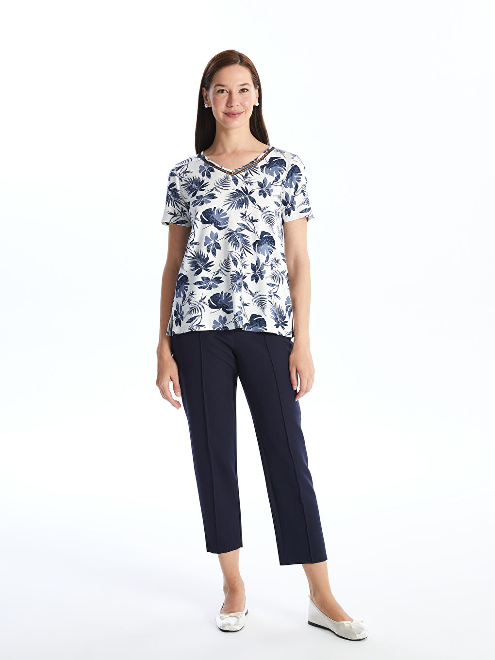 LCW Grace V-Neck Patterned Short Sleeve Women's Blouse -S4HQ14Z8-LRA