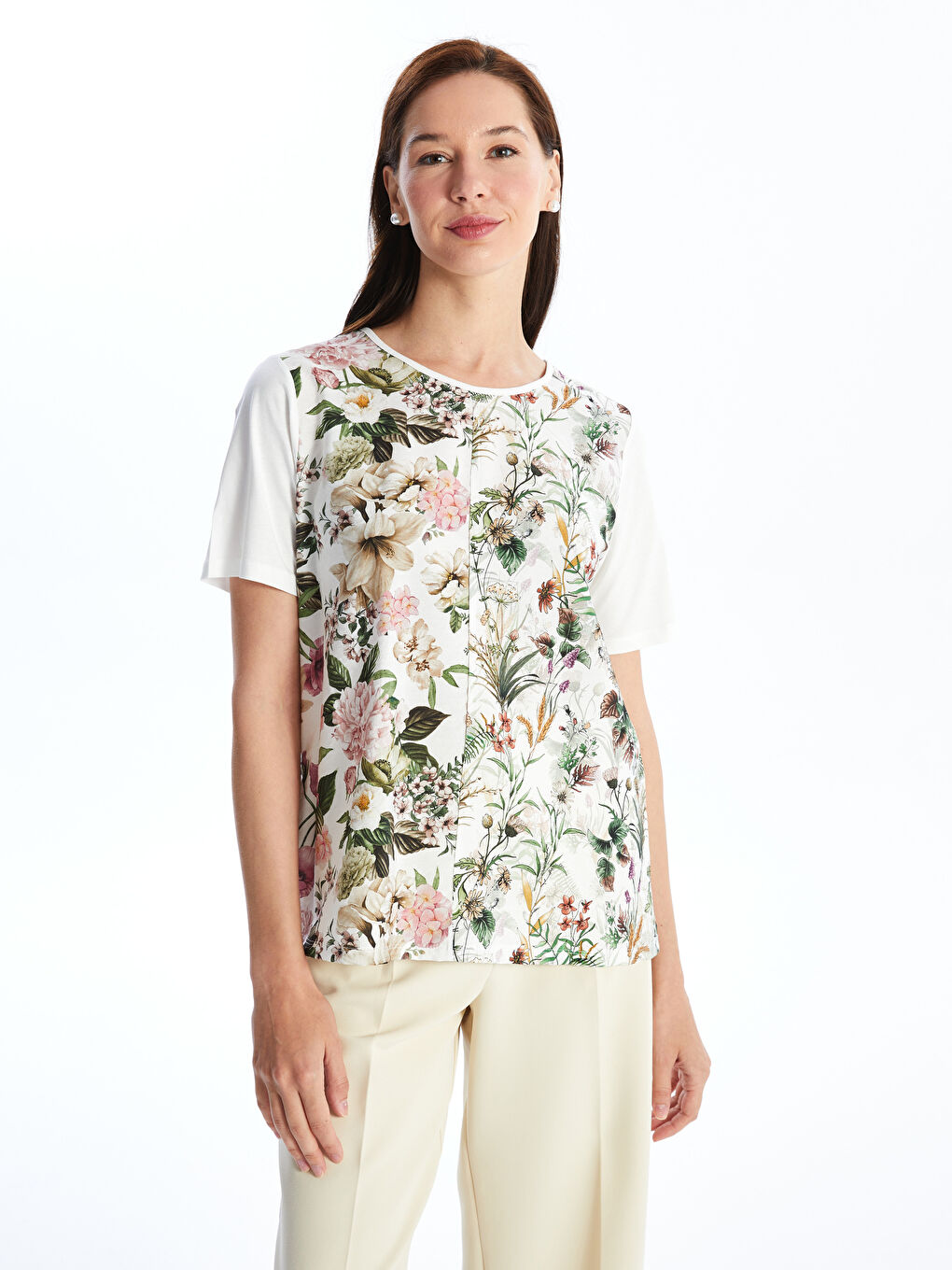 Crew Neck Floral Short Sleeve Women's Blouse -S4HQ16Z8-U7E