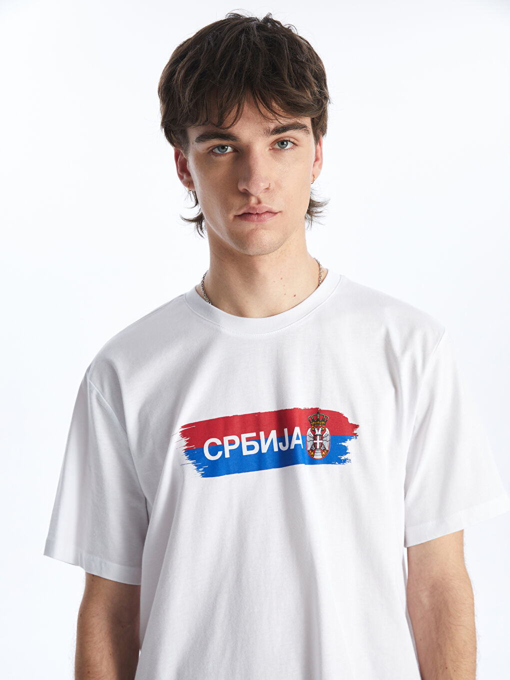 Ерлерге арналған трикотаж дөңгелек жағалы қысқа жең принтті мақта футболка-2