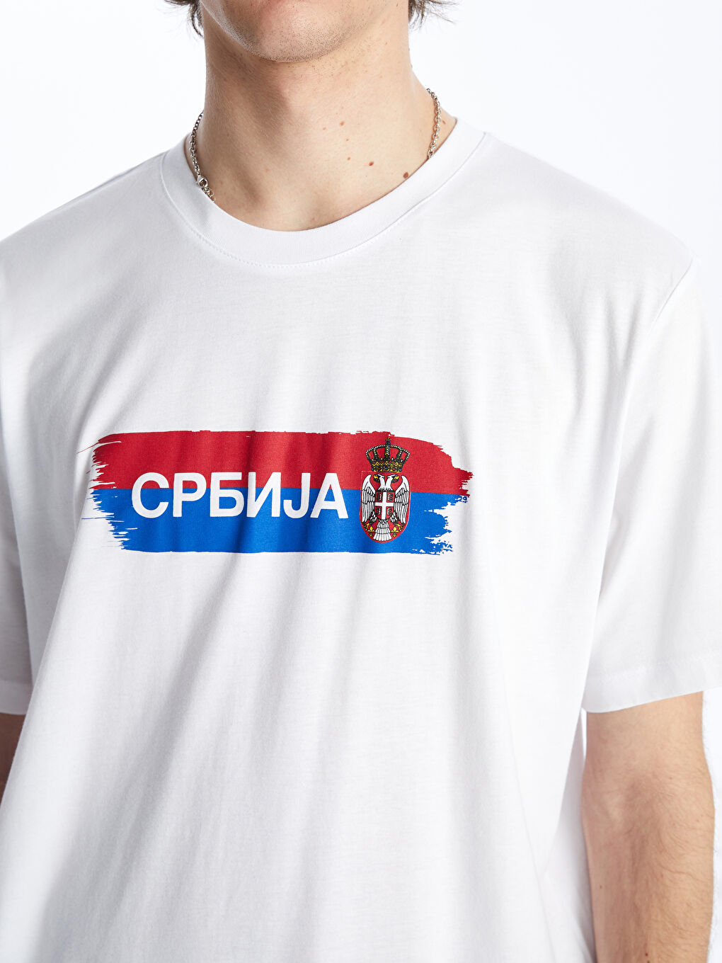 Ерлерге арналған трикотаж дөңгелек жағалы қысқа жең принтті мақта футболка-3