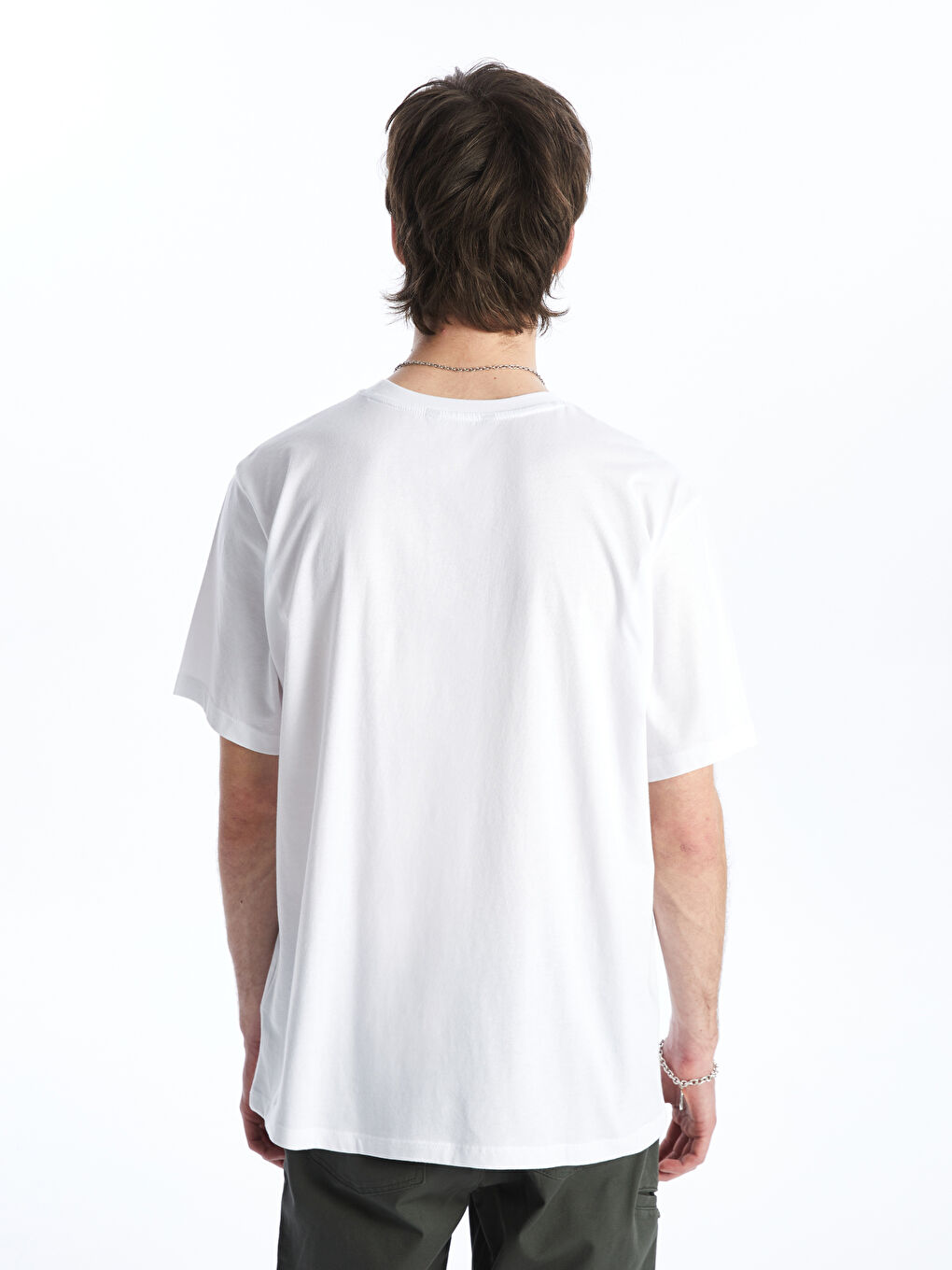 Ерлерге арналған трикотаж дөңгелек жағалы қысқа жең принтті мақта футболка-4