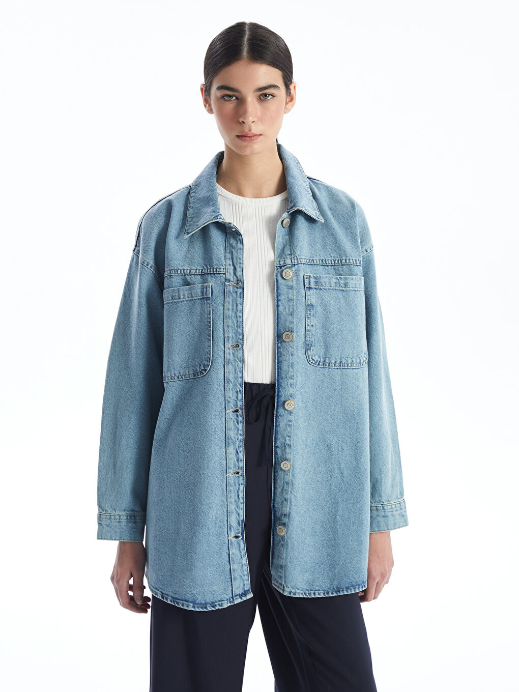 İndigo Gömlek Yaka Kadın Jean Ceket