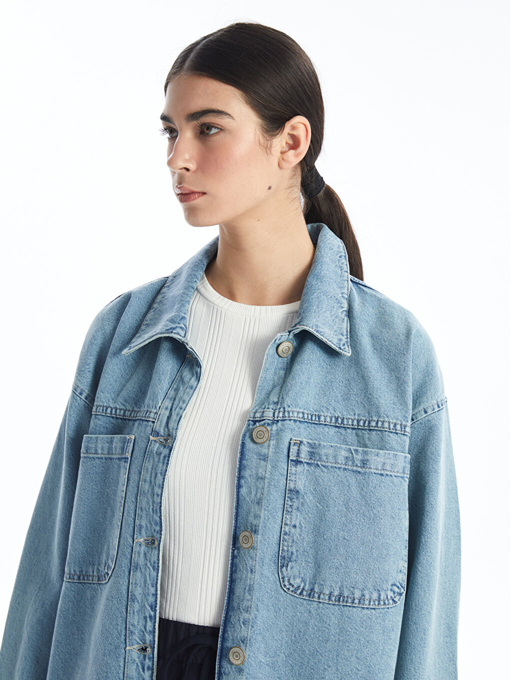 İndigo Gömlek Yaka Kadın Jean Ceket-1