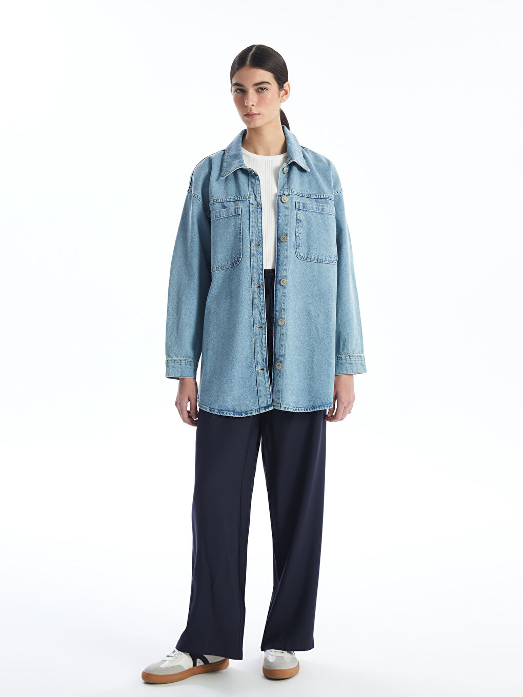 İndigo Gömlek Yaka Kadın Jean Ceket-2