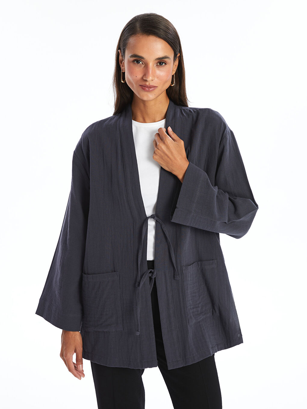 Antrasit Şal Yaka Düz Uzun Kollu Oversize Kadın Kimono