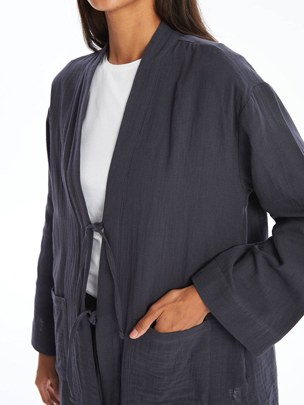 Antrasit Şal Yaka Düz Uzun Kollu Oversize Kadın Kimono-2