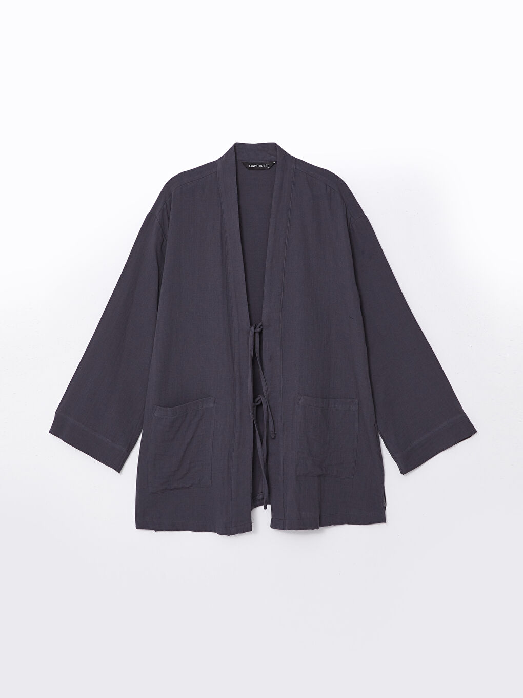 Antrasit Şal Yaka Düz Uzun Kollu Oversize Kadın Kimono-4