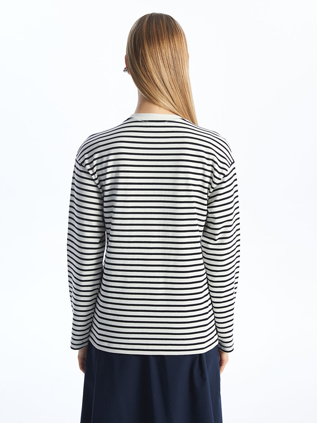 Crew Neck Striped Long Sleeve Women's T-shirt -S4HR77Z8-LEG