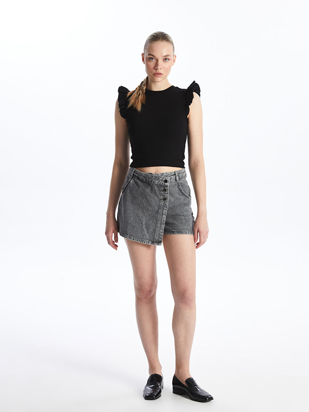 Women's Standard Fit Plain Jean Shorts Skirt -S4HS09Z8-GRD