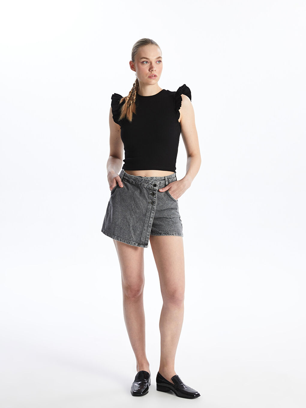 Women's Standard Fit Plain Jean Shorts Skirt -S4HS09Z8-GRD